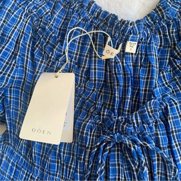 NWT Doen Ischia Cotton Voile Smocked Midi Maxi Dress Cassis Check Blue Plaid - Picture 11 of 16